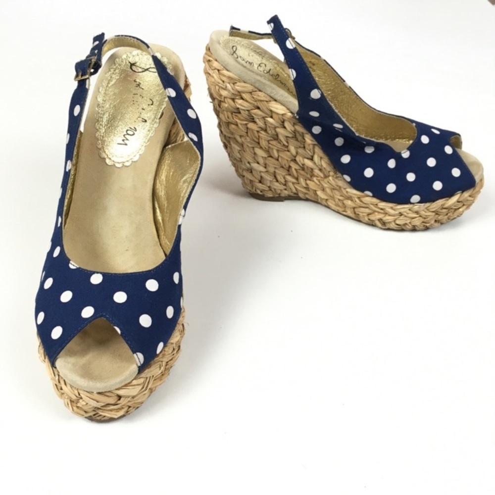 Sam Edelman Nadia Blue Polka Dot Slingback Wedge Pin Up Heels Women’s Sz 9.5